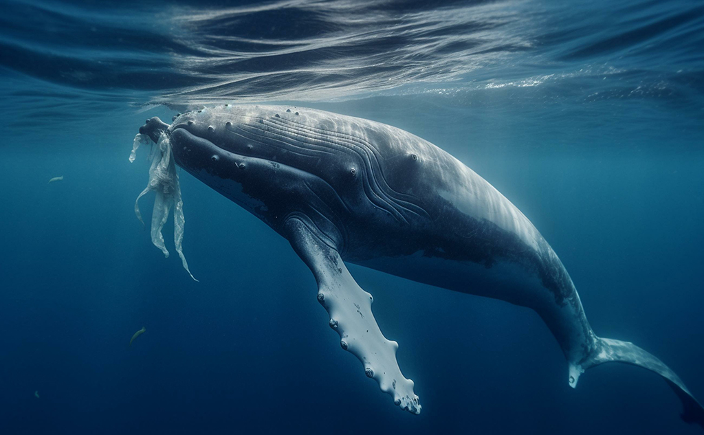 プラスチックを口にするクジラ